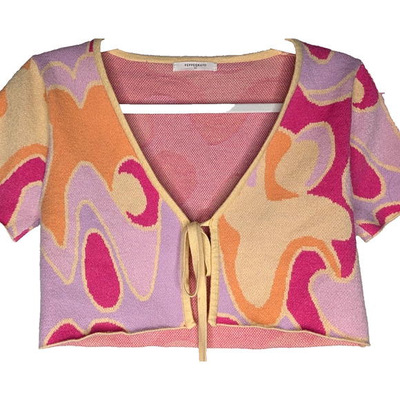 Pepper Mayo On the Record Psychedelic Boho Retro Crop Knit Tie Front Top M/L - Picture 5 of 11